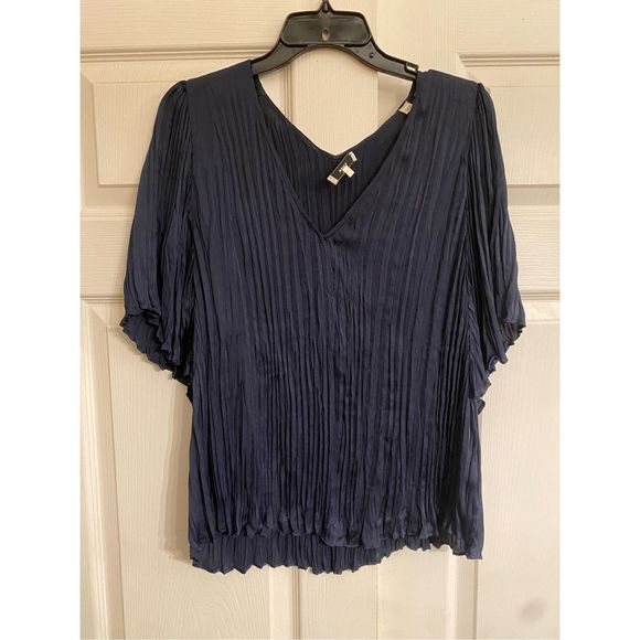VINCE Flutter Sleeve Crushed Satin Top In Coastal, Navy Blue, Sz Large, MP $295 - Picture 11 of 13